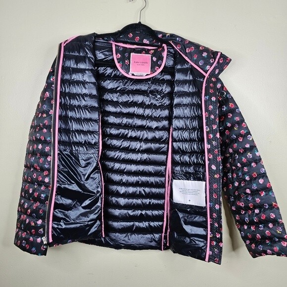 Kate Spade Black & Multicolor Floral Print Zip-Up Puffer Jacket large - Picture 8 of 11